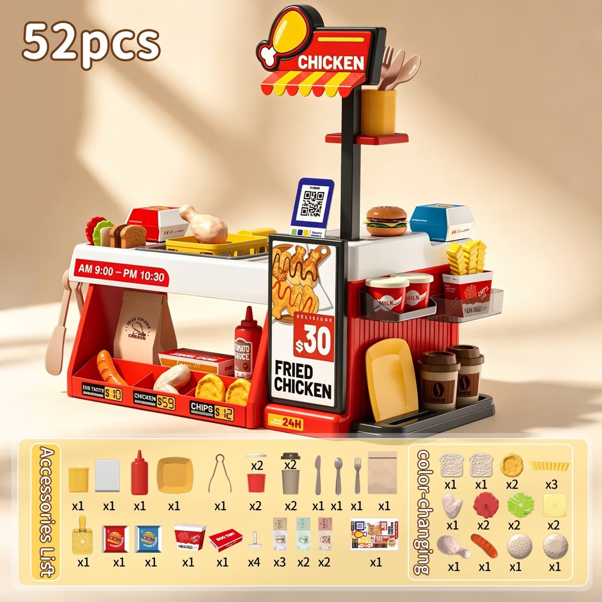 Mini Kitchen Fried Chicken Shop, 52-piece accessory list